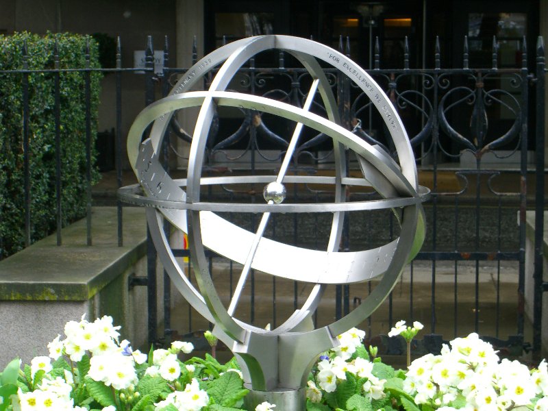 CIMG1697.jpg - D'Oyly Carte sundial. Savoy Hotel's centenary.  Memorial equatorial armillary dial.