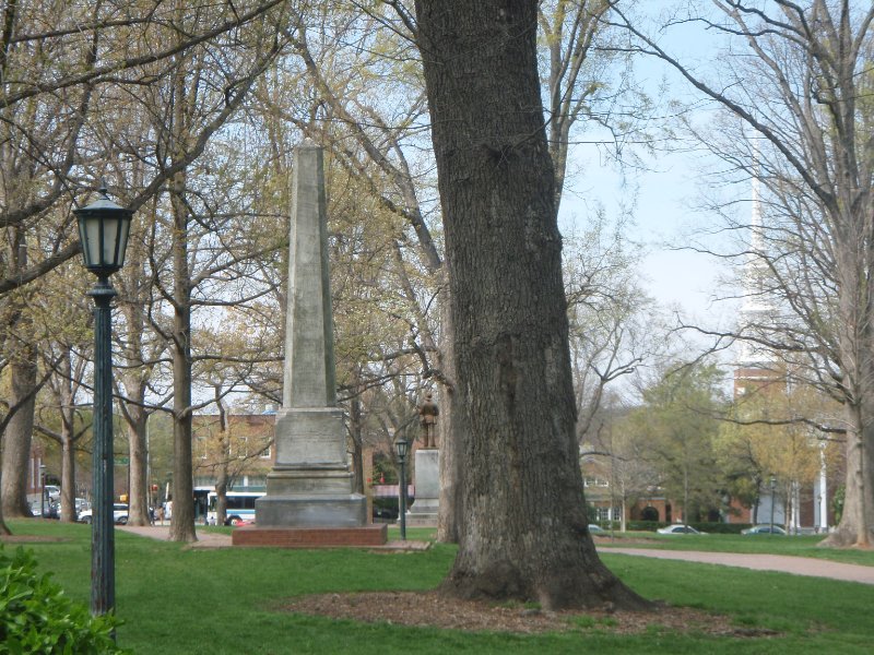 P4020101.JPG - Joseph Caldwell, UNC’s first president. obelisk monument in McCorkle Place. University Presbyterian Church of Chapel Hill (far right background)