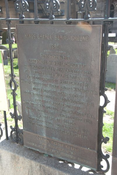 Boston041809-5378.jpg - King's Chapel Burying Ground, 1630. Here were buried governors of Massachusetts John Winthrop, 1649, John Endecott, 1665, ...