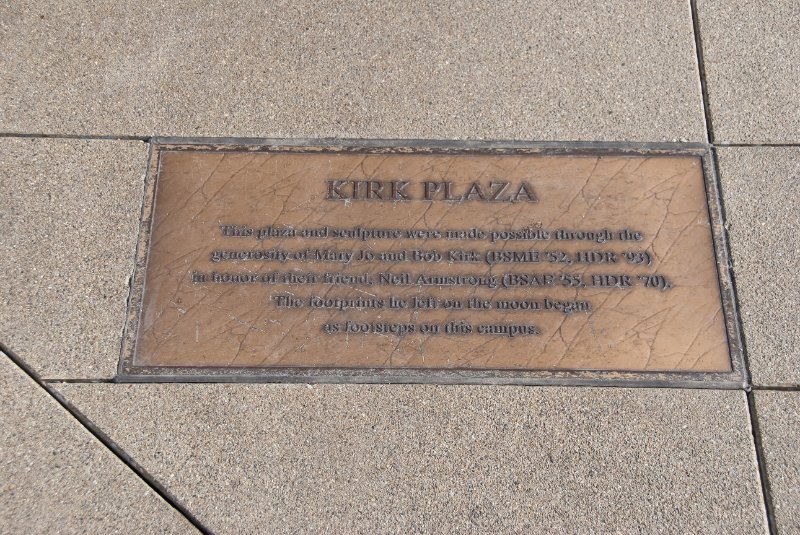 Purdue092609-9515.jpg - Kirk Plaza.  The plaza and sculpture were made possible through the generosity of Mary Jo and Bob Kirk (BSME'52, HDR '93) in honor of their friend, Neil Armstrong (BSAE'55, HDR '70).The footprints he left on the moon began as footsteps on this campus.