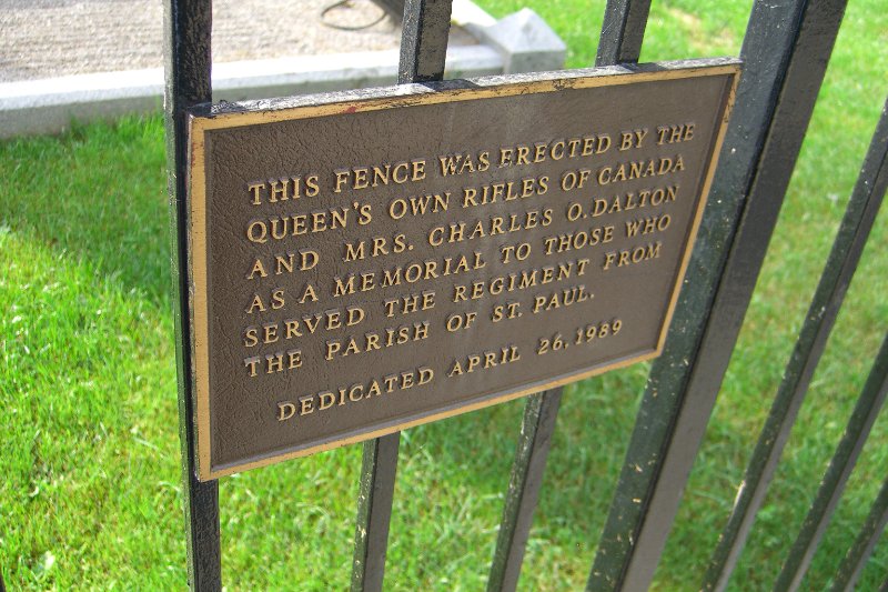 Toronto092409-1921.jpg - "This fence was erected by the Queen's Own Rifles of Canada and Mrs Charles O Dalton as a emmorial to those who served the regiment from the parish of St Paul.  Dedicated April 26, 1989." Plaque on the fence in front of the St Paul's Bloor Street Cenotaph.