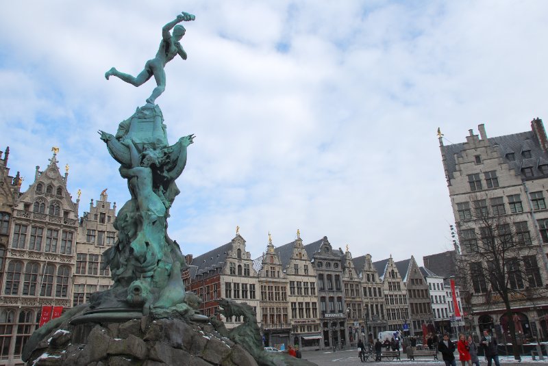 Antwerp021610-1461.jpg - Statue of Silvius Brabo by Jef Lambeaux, 1887, located in the center of the Grote Markt. Guildhouses (background, left)
