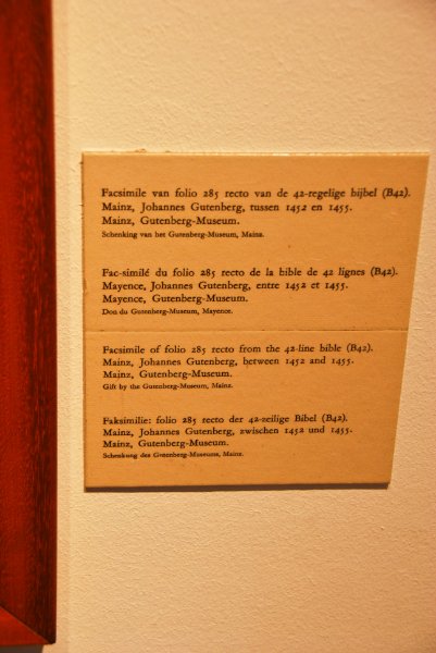Antwerp021610-1514.jpg - Facsimile of folio 285 recto from the 42-line bible (B42).Mainz, Johannes Gutenberg, between 1452 and 1455. Mainz, Gutenberg-Museum. Gift by the Gutenberg-Museum, Mainz.