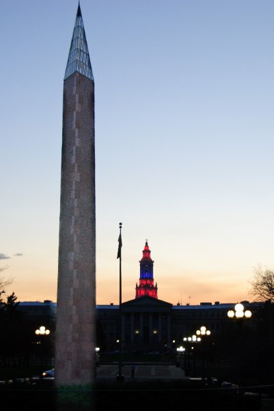 Denver041410-2308.jpg - City & County of Denver Building, view from the Capitol Steps, looking West. Veterans Monument (obelisk on left)