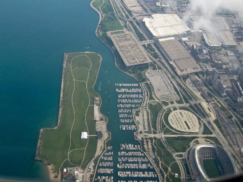 Taiwan060210-1068.jpg - Soldier Field, Northerly Island, Burnham Park Harbor. McCormick Place. Flying from Seattle to Chicago; approaching OHare.