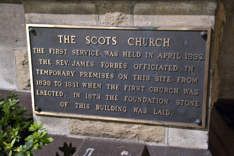 Melbourne090409-9352.jpg - The Scots' Church.  The first service was held in April, 1838.  The Rev. James Forbes officiated in temporary premises on this site from 1838-1841 when the first church was erected.  In 1873 the foundation stone of this building was laid.