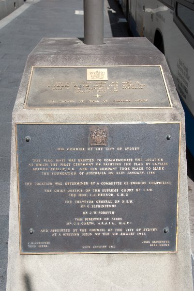 Sydney090209-9147.jpg - The Council of the City of Sydney.  This flag mast was erected to commemorate the location at which the first ceremony of saluting the flag by Captain Arthur Phillip, R. N. and his company took place to mark the foundation of Australia on the 26th January, 1788.  Plaque dated 1967