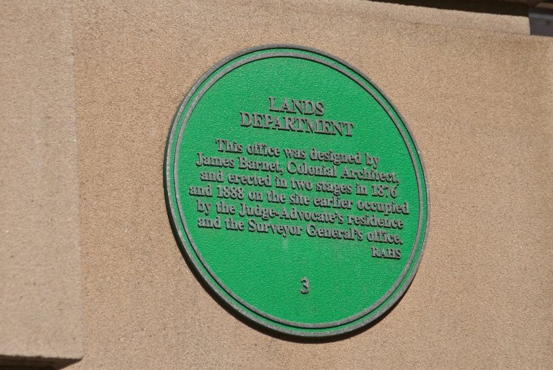 Sydney090209-9180.jpg - Lands Department.  This office was designed by James Barnet, Colonial Architect, and erected in two stages in 1897 and 1888 on the site earlier occupied by the Judge-Advocat's resience and the Surveyor General's office.  RABS.