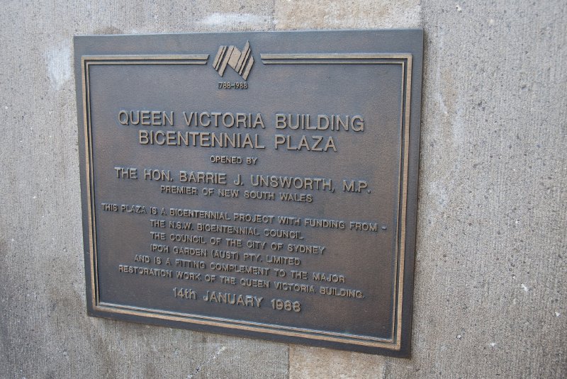 Sydney090209-9245.jpg - Queen Victoria Building, view from South Side.  Queen Victoria Building Bicentennial Plaza opened 14th January 1988.