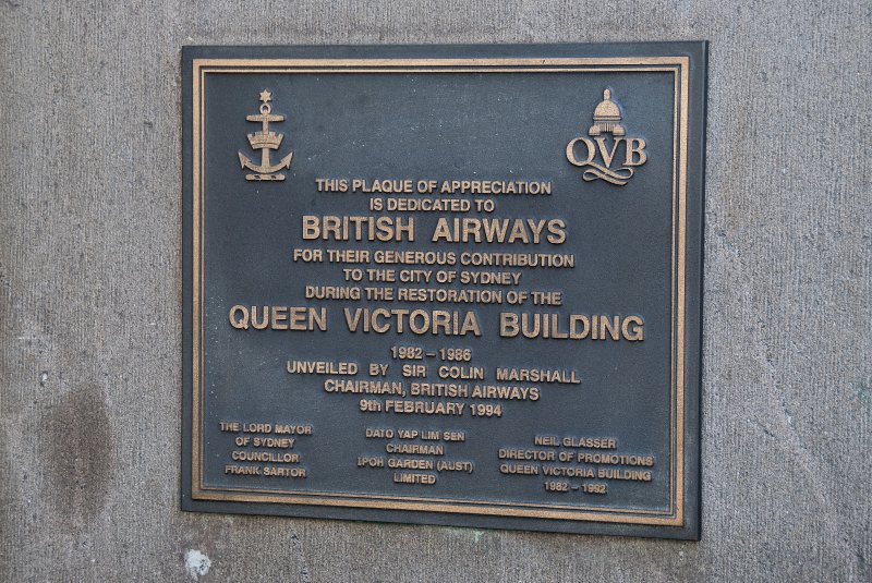 Sydney090209-9246.jpg - Queen Victoria Building, view from South Side. This plaque of appreciation is dedicated to British Airways for their gnerous contribution to the city of Sydney during the resotation of the Queen Victoria Building, 1982-1988.  Unveild 9-Feb-94