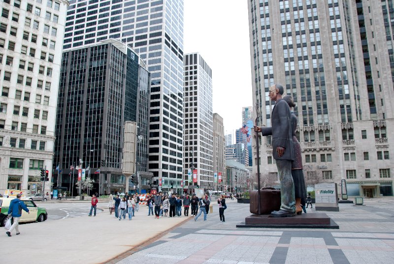 Chicago042809-5774.jpg - Pioneer Court - "God Bless America" by J Seward Johnson, Tribune Tower (background)