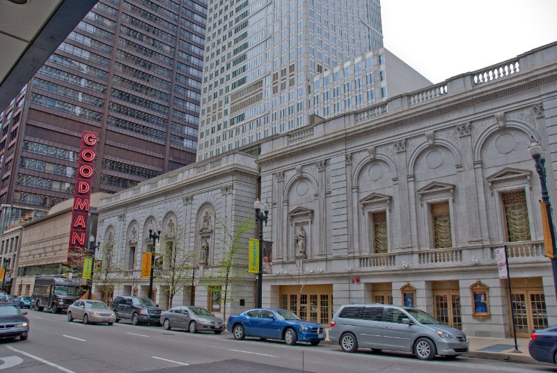 Chicago042809-5905.jpg - Goodman Theatre , Chicago Title & Trust Building (background, upper)