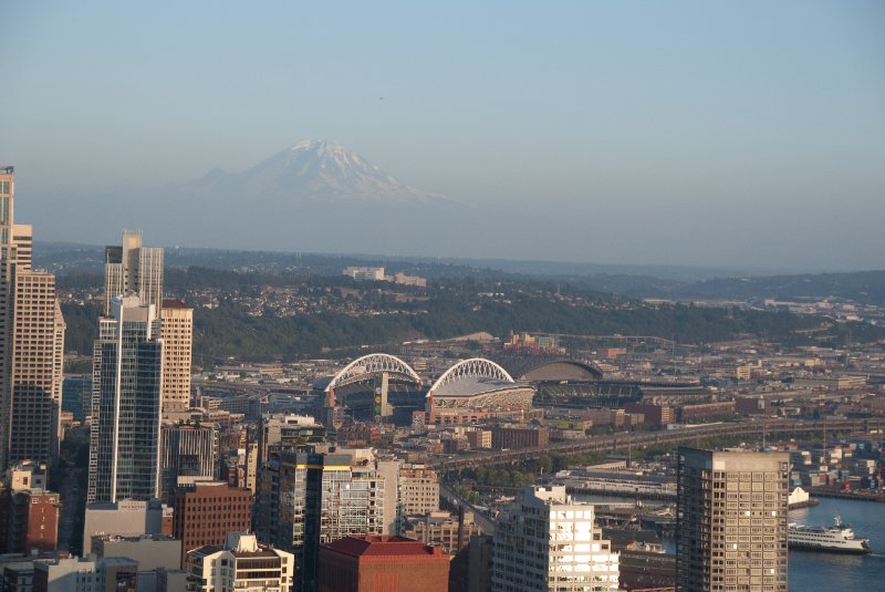 Seattle080309-8392.jpg - Downtown Seattle Skyline, Mt. Rainier, Qwest Field, SafeCo Field as viewed from the SE side of the Space Needle