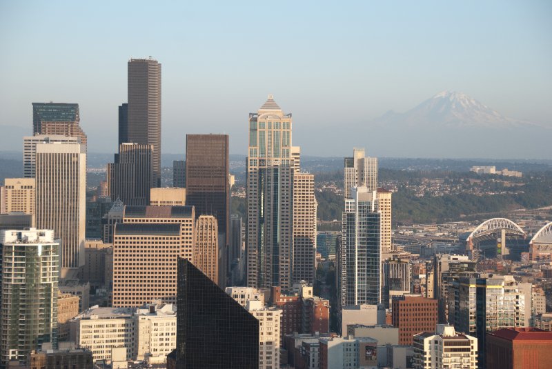 Seattle080309-8400.jpg - Downtown Seattle Skyline and Mt Rainier as viewed from the SE side of the Space Needle