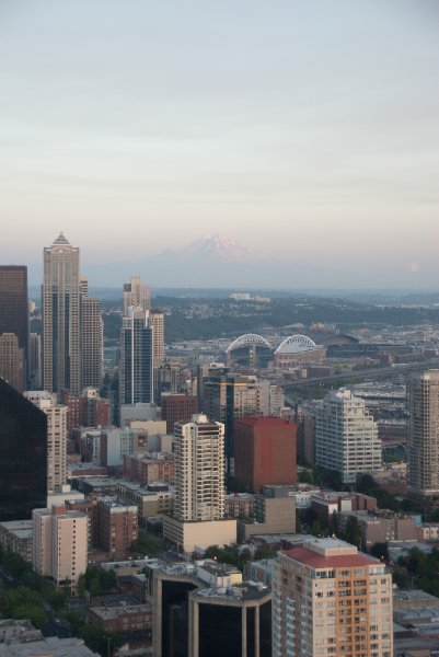 Seattle080309-8415.jpg - Downtown Seattle Skyline, Mt. Rainier, Qwest Field, SafeCo Field as viewed from the SE side of the Space Needle SkyCity Restaurant