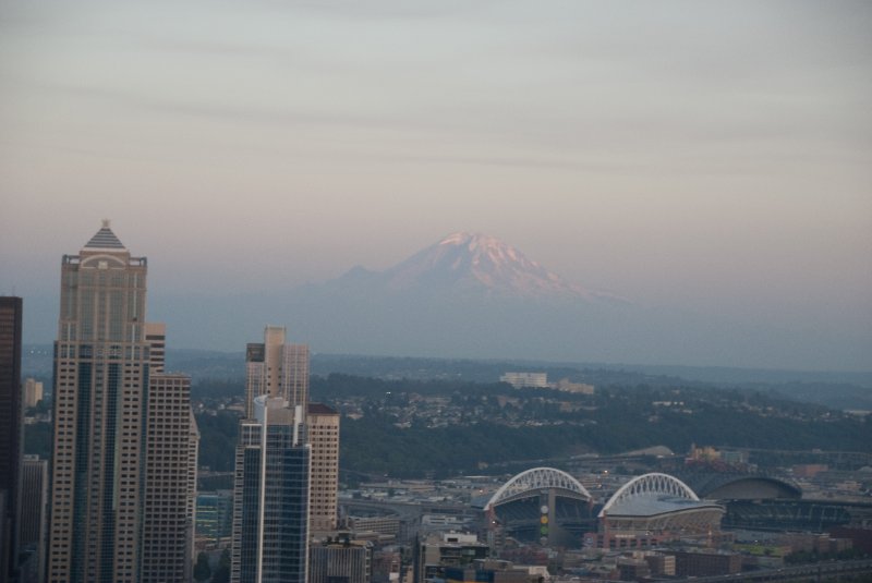 Seattle080309-8417.jpg - Downtown Seattle Skyline, Mt. Rainier, Qwest Field, SafeCo Field as viewed from the SE side of the Space Needle SkyCity Restaurant