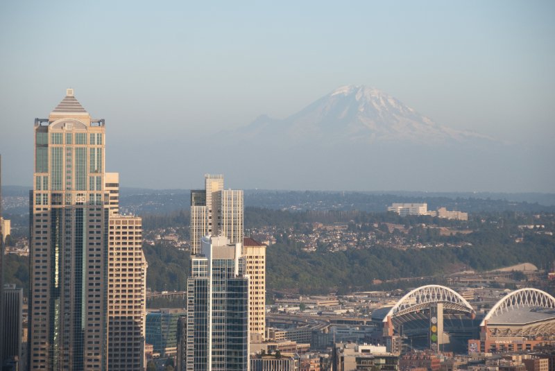 Seattle080309-8401.jpg - Downtown Seattle Skyline and Mt Rainier as viewed from the SE side of the Space Needle