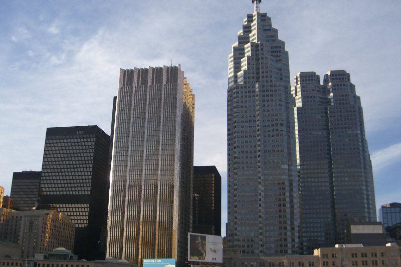 Toronto092409-1986.jpg - View of Toronto's Skyline from Gardiner Expressway, driving West.  Royal Bank Plaza, South tower (center left, white, 4 vertical columns), TD Canada Trust Tower (recessed, center), Bay Wellington Tower (right, double topped)