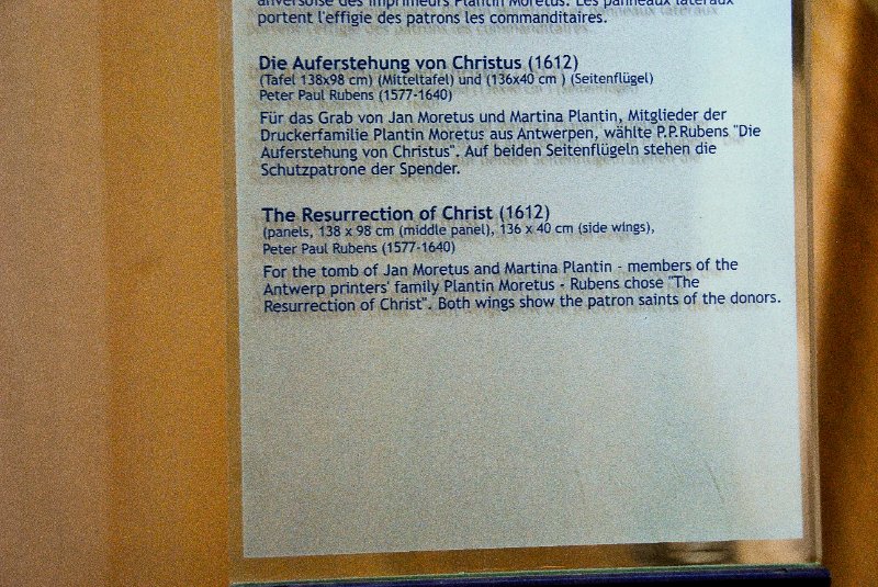 Antwerp021610-1412.jpg - The Resurrection of Christ (1612). (panels, 138x98cm (middle panel), 136x40cm (side wings), Peter Paul Rubens (1577-1640).For the tomb of Jan Moretus and Martina Plantin - members of the Antwerp printers' family Plantin Moretus.  Rubens chose "the Resurrection of CHrist." Both wings show the patron saints of the donors.