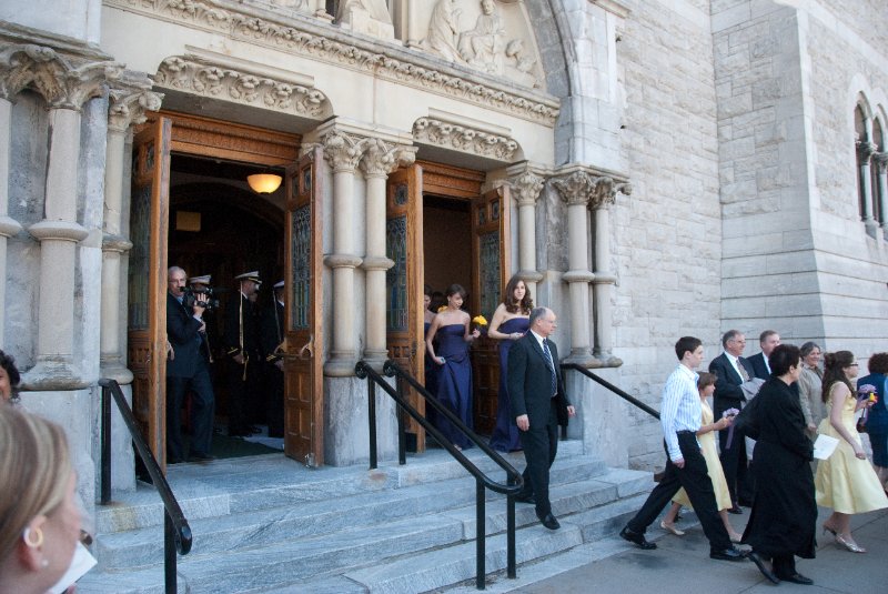 Syracuse041010-2197.jpg - Maureen and Tyson walking the traditional Sword Arch after their Wedding ceremony.  In front of the Cathedral of the Immaculate Conception.