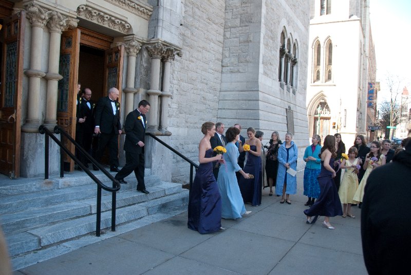 Syracuse041010-2199.jpg - Maureen and Tyson walking the traditional Sword Arch after their Wedding ceremony.  In front of the Cathedral of the Immaculate Conception.