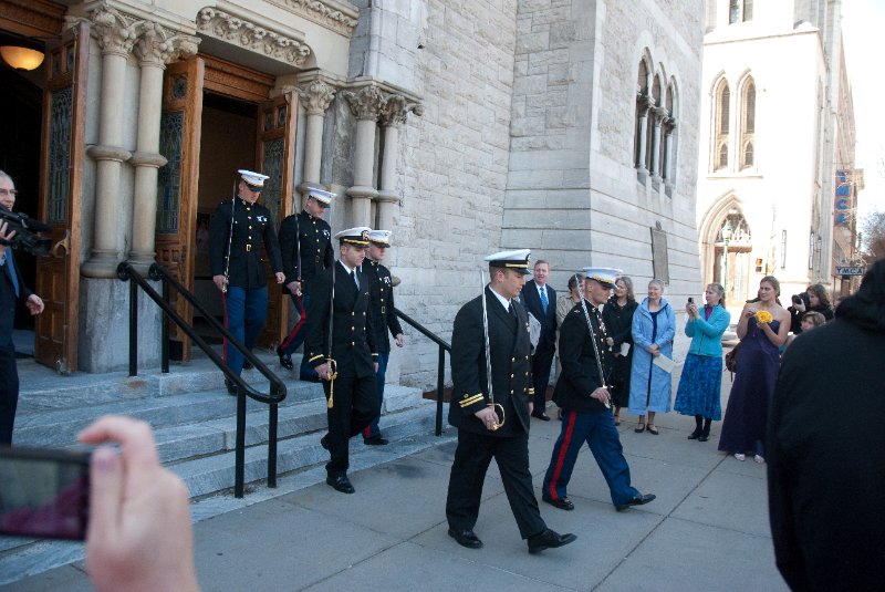 Syracuse041010-2202.jpg - Maureen and Tyson walking the traditional Sword Arch after their Wedding ceremony.  In front of the Cathedral of the Immaculate Conception.