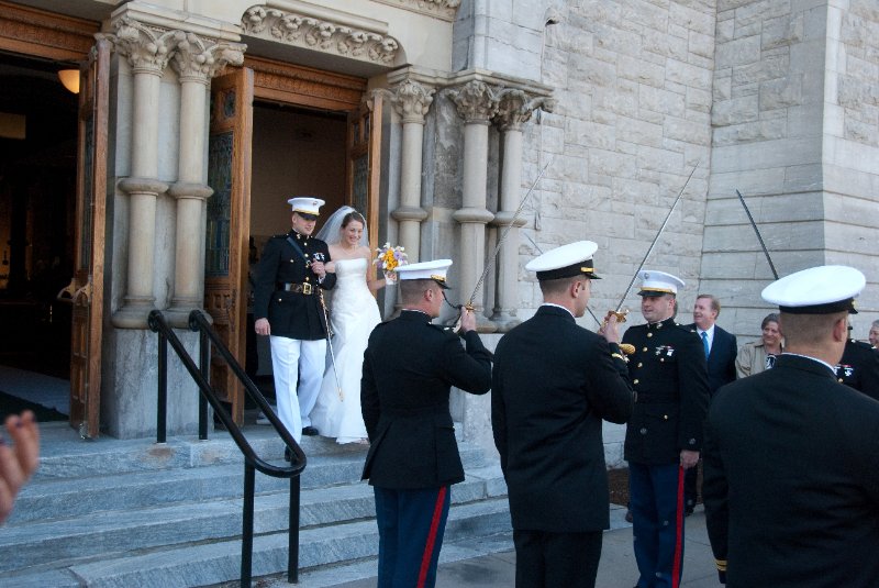 Syracuse041010-2204.jpg - Maureen and Tyson walking the traditional Sword Arch after their Wedding ceremony.  In front of the Cathedral of the Immaculate Conception.