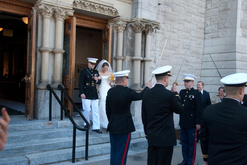 Syracuse041010-2205.jpg - Maureen and Tyson walking the traditional Sword Arch after their Wedding ceremony.  In front of the Cathedral of the Immaculate Conception.