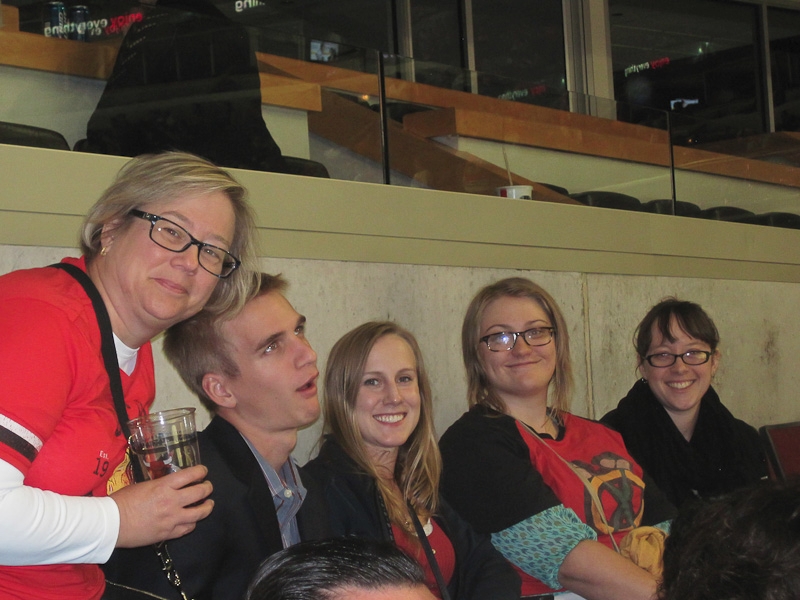 Cathie, Mike, Liane, Liz and Nora at our seats at the Blackhawks/Detroit hockey game Cathie, Mike, Liane, Liz and Nora