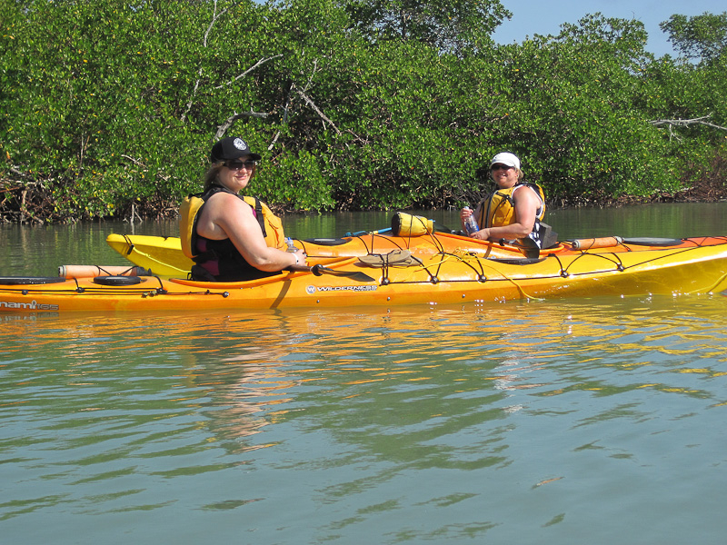 Liz and Cathie. Kayak Pine Island Sound, Buck Key Loop with Liz. Roosevelt Channel, South, around Buck Key, through the Mangrove Trails, then back.  Lots of windy, choppy weather. Liz and Cathie